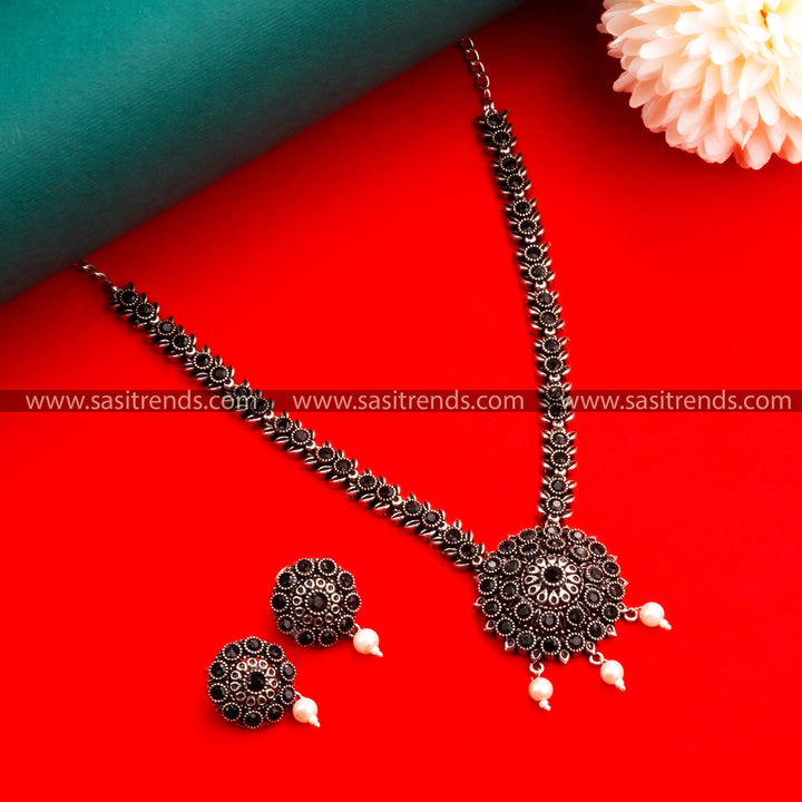 Navrathri Special Oxidised German Silver Floral Pendant Necklace with Earrings & Pearls for Women - Sasitrends