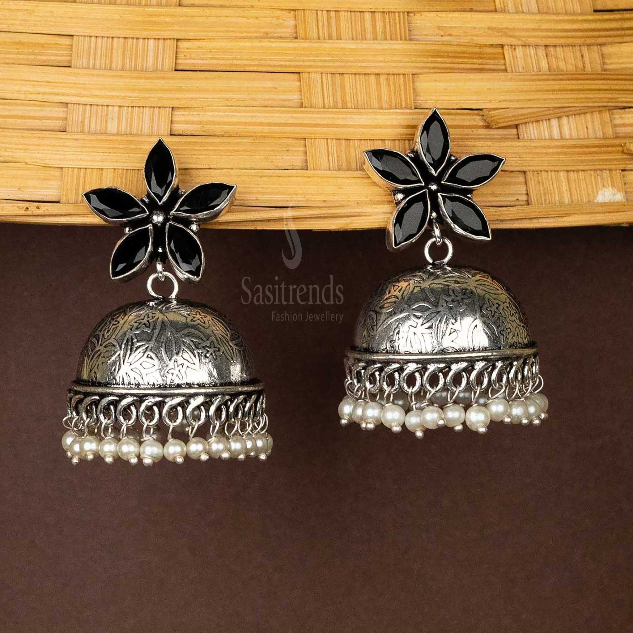 Black-floral-top-jhumka-earrings-with-pearl-hanging