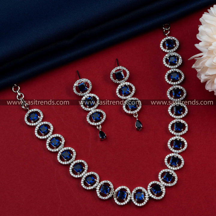 Captivating Blue Stone Rhodium Silver Plated AD Necklace Set - Oval Pattern Party Wear Jewelry with Earrings