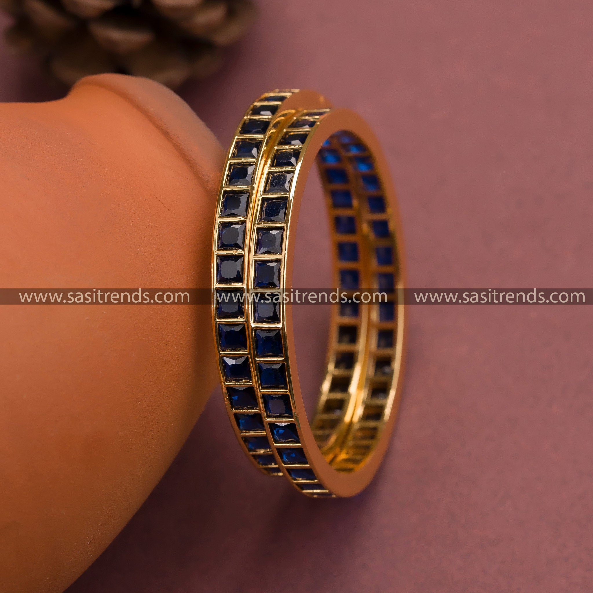 Trendy Micro Gold Plated Square Blue AD Bangles - American Diamond Jewelry