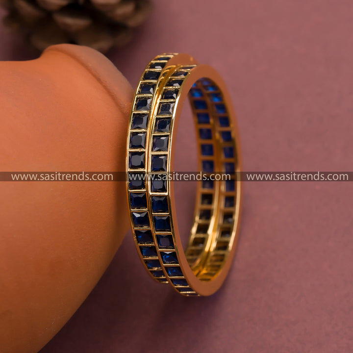 Trendy Micro Gold Plated Square Blue AD Bangles - American Diamond Jewelry