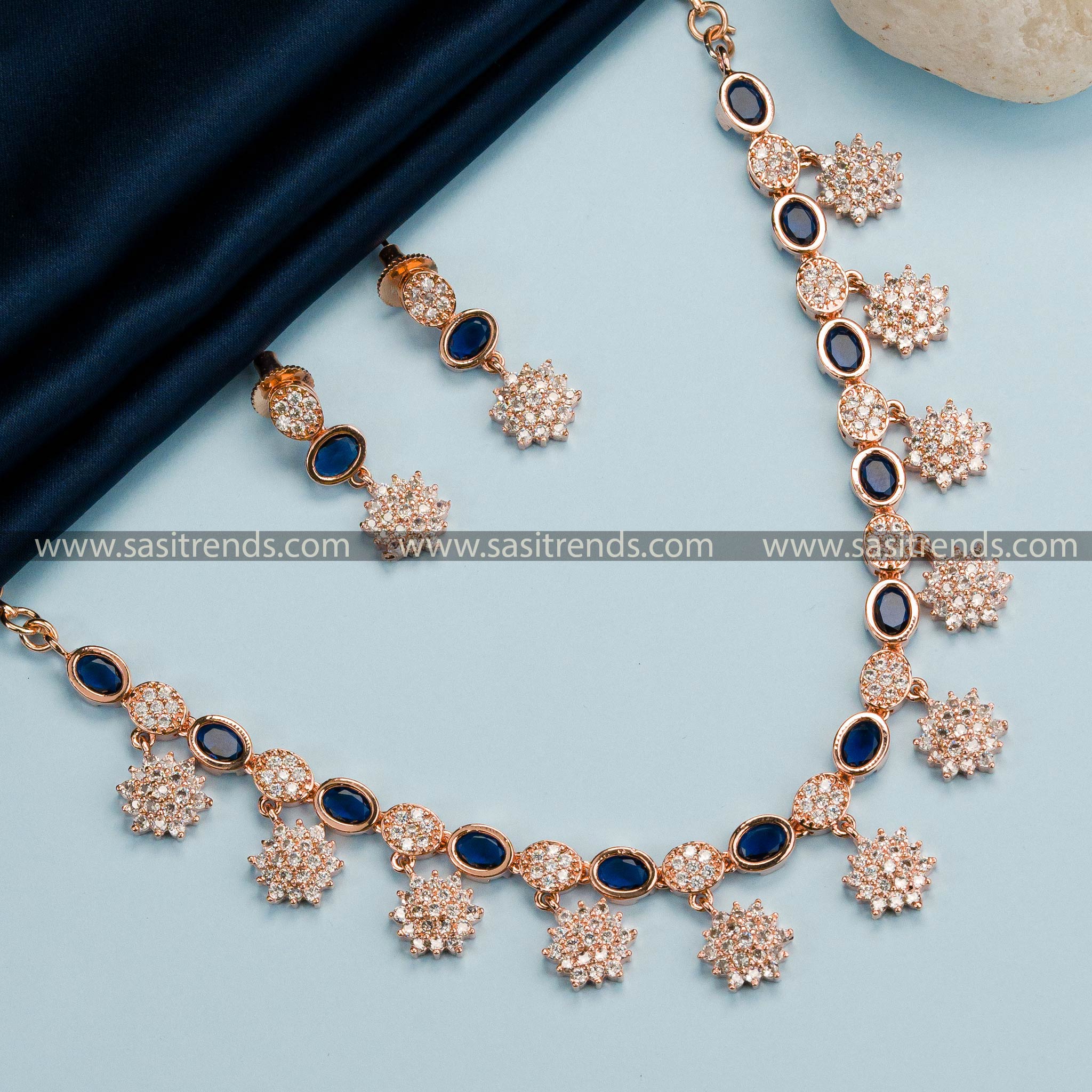 Ocean Blue Bliss! Rose Gold Plated Floral Necklace Set with American Diamond Stones - Trendy Party Wear