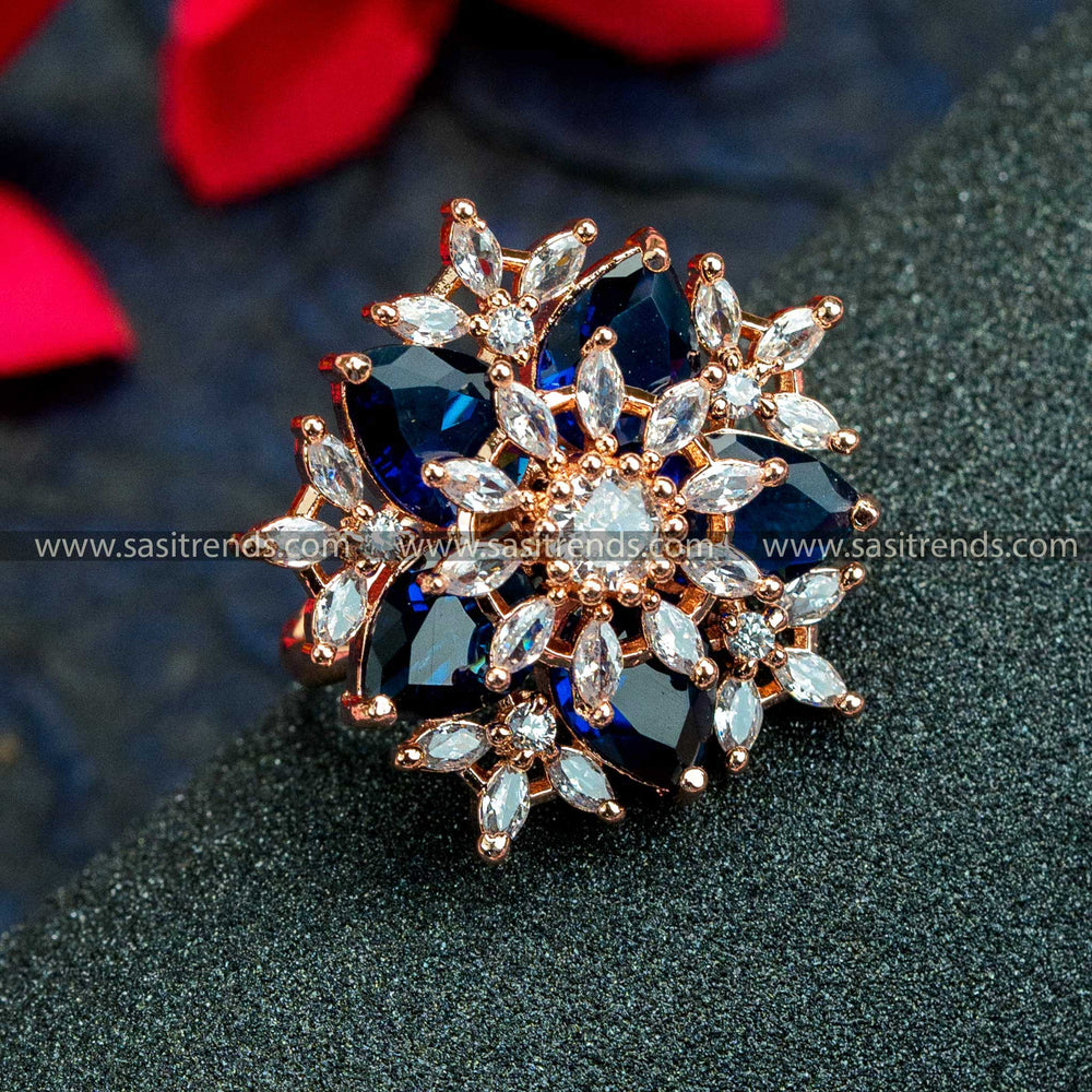 Rose Gold Plated Floral Ring with American Diamonds in Beautiful Blue - Elevate Your Style with Trendy Party Wear - Shop Online Today