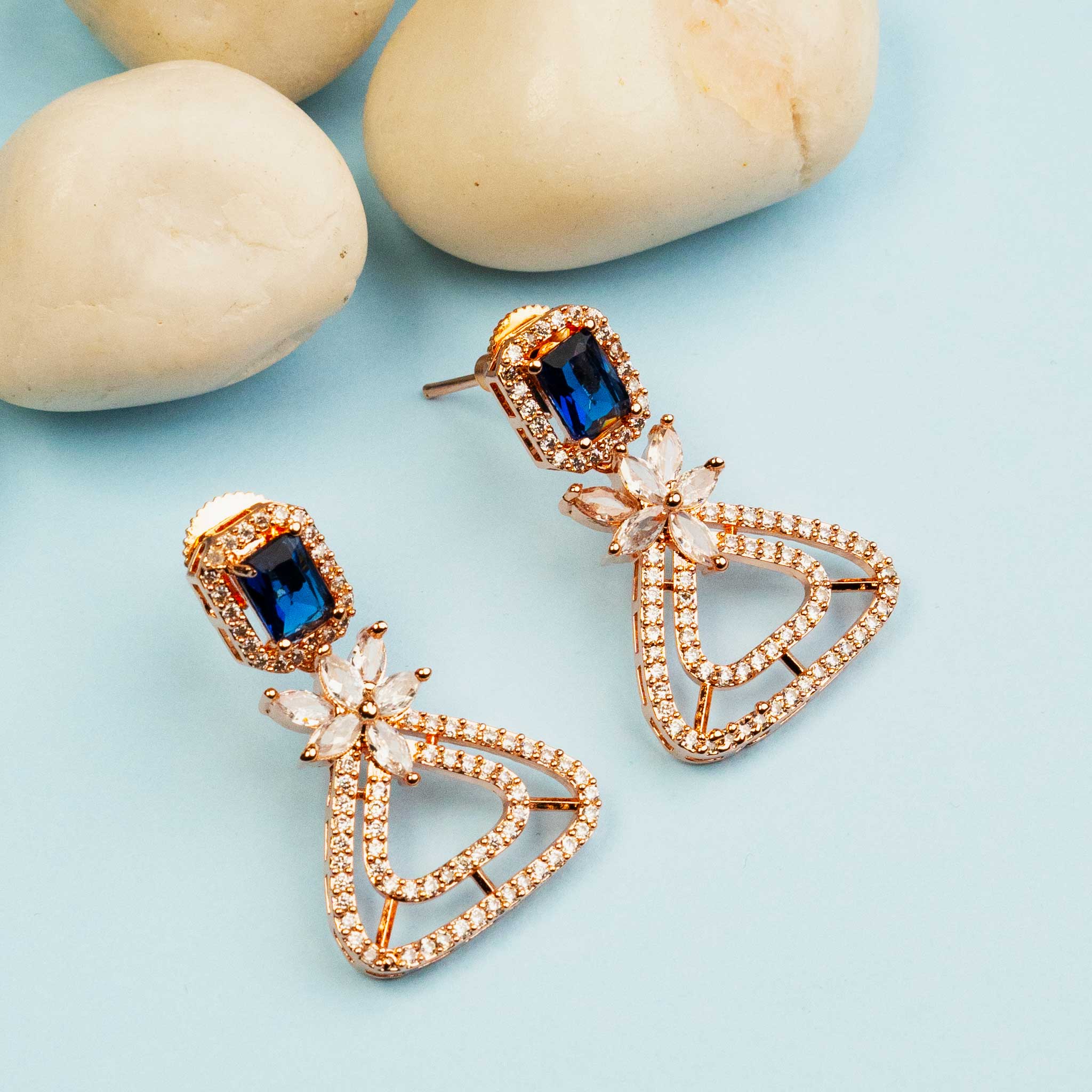 Captivating Rose Gold Earrings with Hydro Blue American Diamonds - Matching Earring