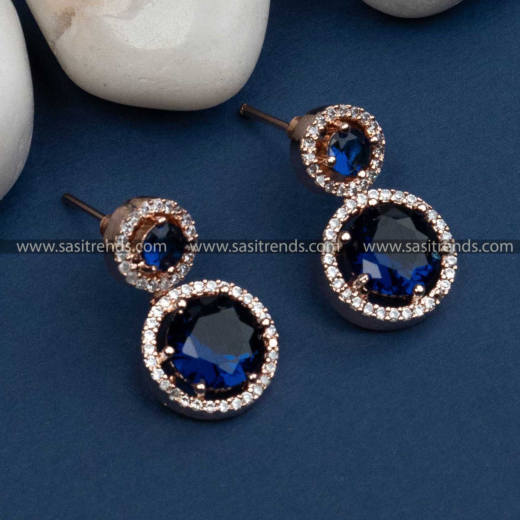 Regal Blue Stone Rose Gold Plated Earrings with American Diamond Stones