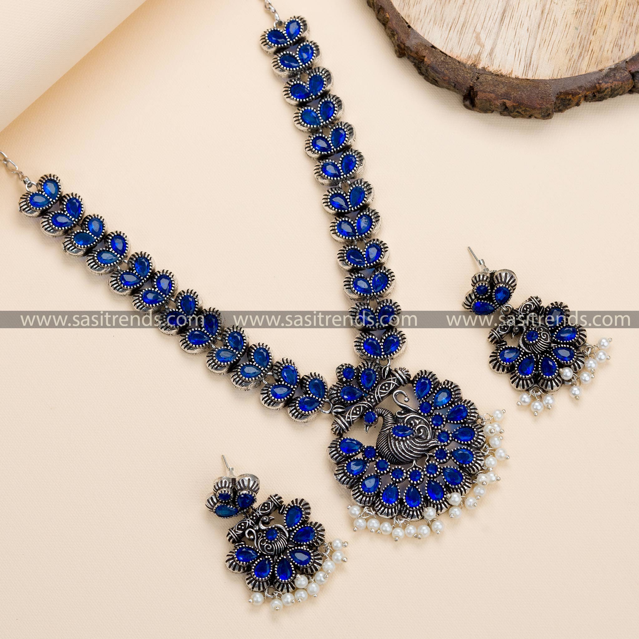 Trendy Party Wear Peacock Floral Oxidised German Silver Necklace Set with Earrings, Blue Stone Highlights