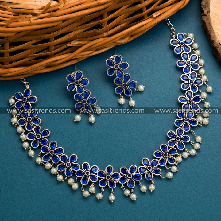 New Collection: Oxidized German Silver Floral Necklace Set with Blue Stones - Perfect for Traditional Occasions