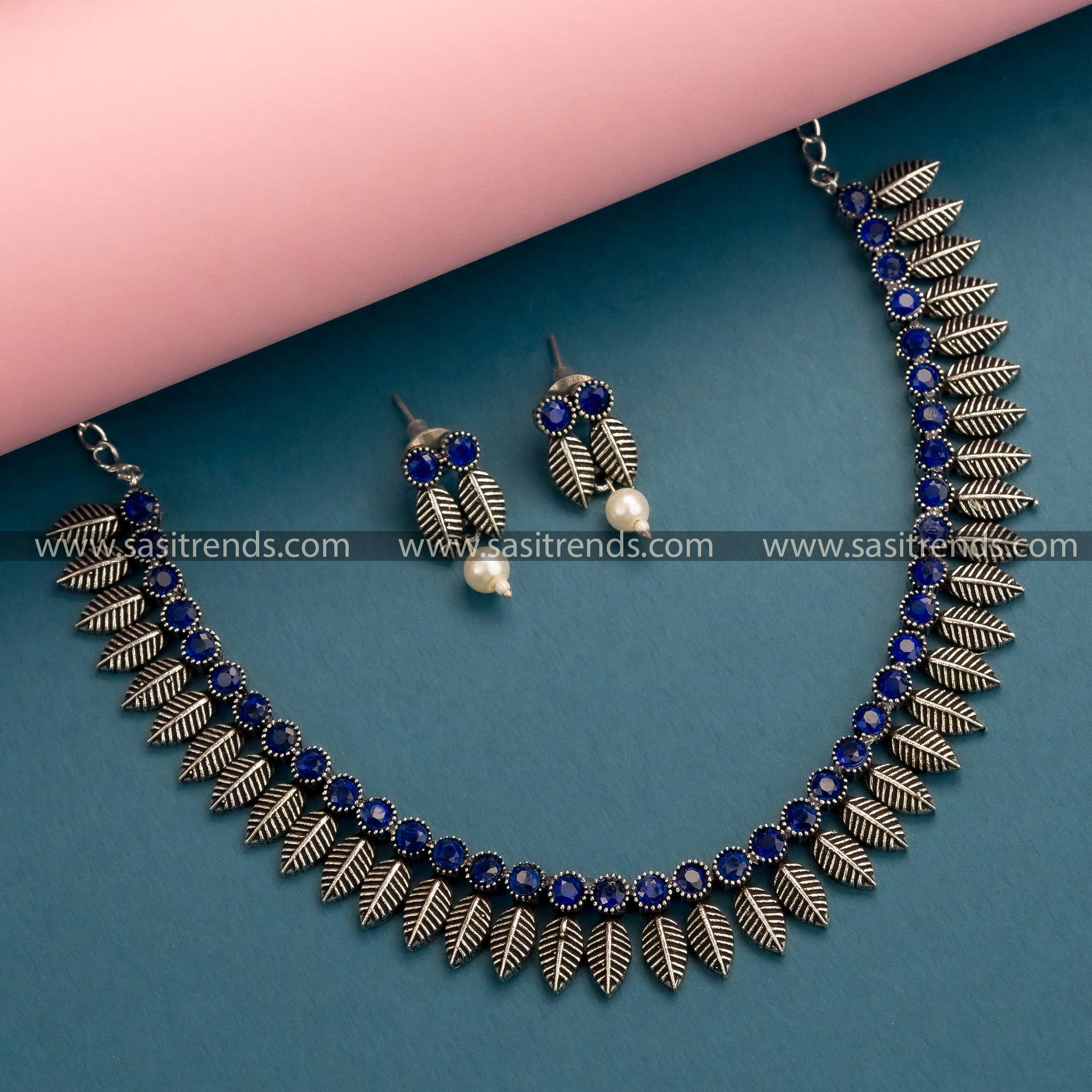 Exquisite Oxidized German Silver Necklace with Blue Stones and Leaf Patterns - Latest Necklace Set