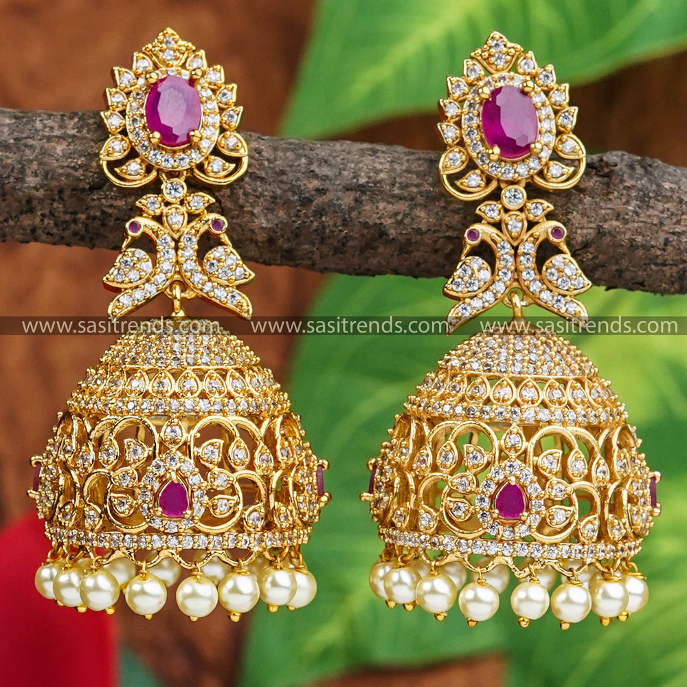  Bridal Jhumka Earrings | Matte Gold Plated | American Diamond Stones | Bridal Jewelry