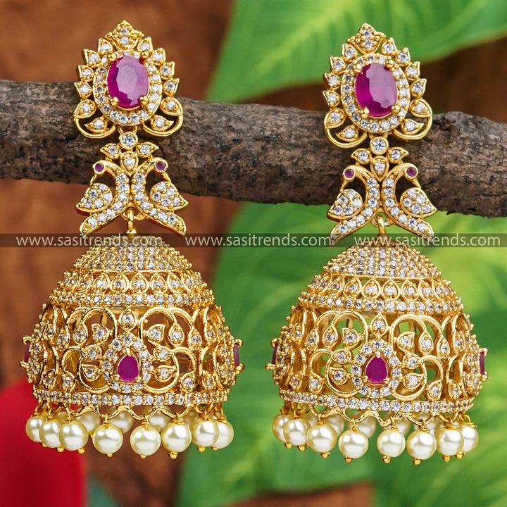  Bridal Jhumka Earrings | Matte Gold Plated | American Diamond Stones | Bridal Jewelry