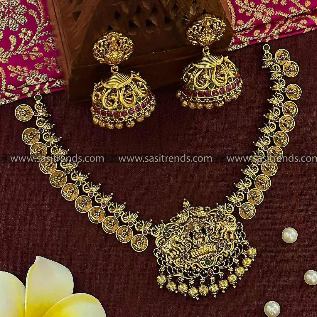 Traditional Temple Gold Plated Lakshmi Coin Peacock Necklace Set with Jhumkas for Women