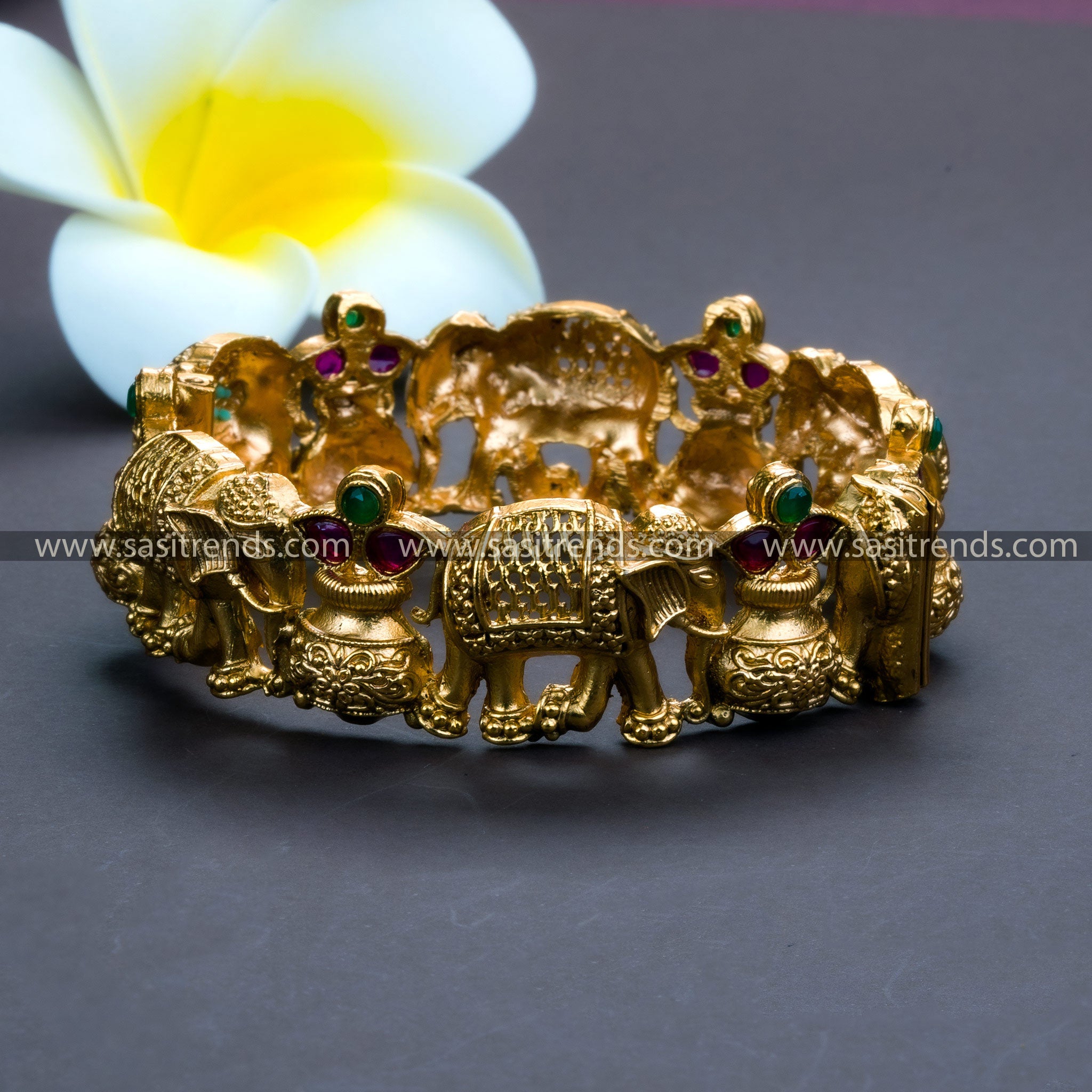 Ruby-Green Colored Grand Bridal Antique Gold Plated Temple Kada Bangles with Elephant and Pot Motifs