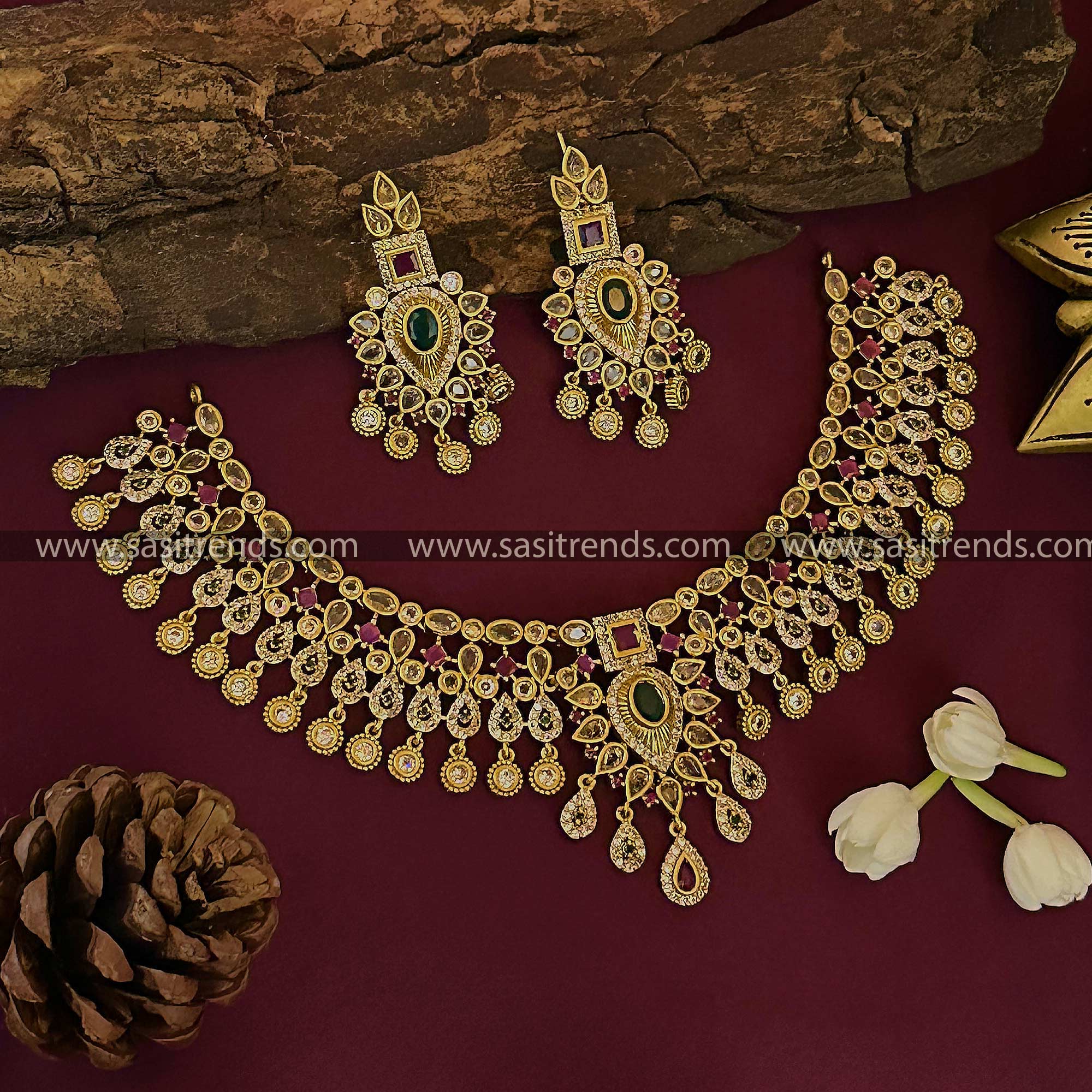 Temple Gold Plated Floral Choker Necklace Set with American Diamond Stones