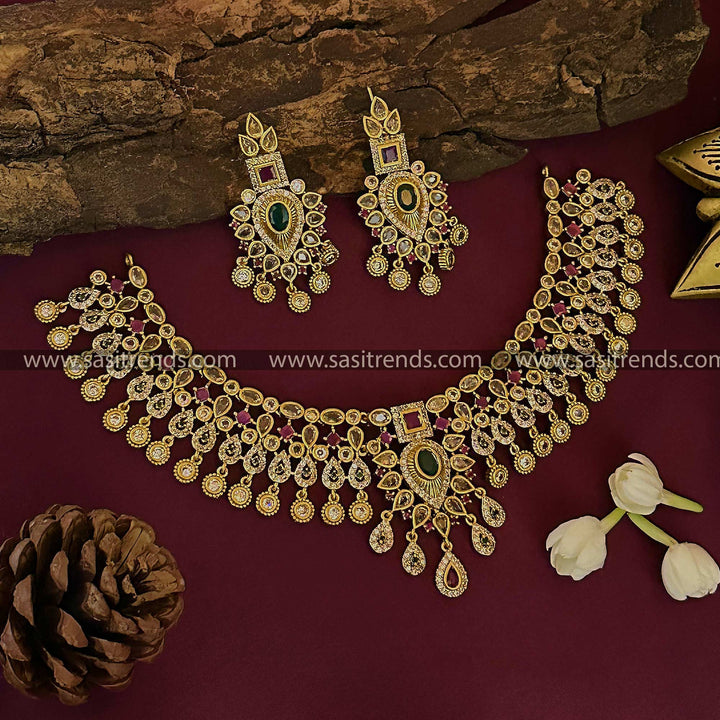 Latest Bridal Wear Temple Matte Gold Tone Floral Choker Jewellery Set with AD Stones for Women | Sasitrends