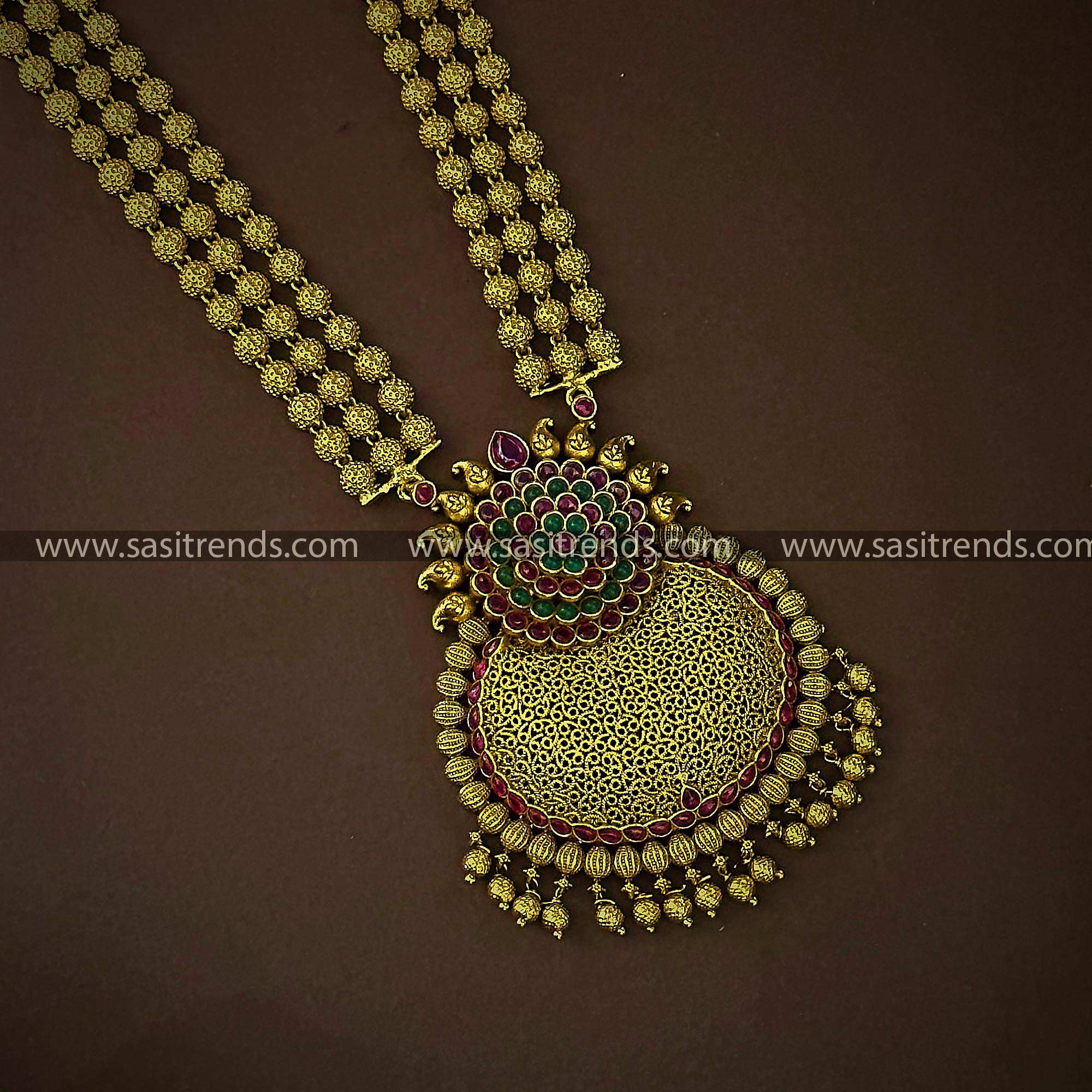 Latest Traditional Wear Matte Gold Long Necklace Set with Jhumkas