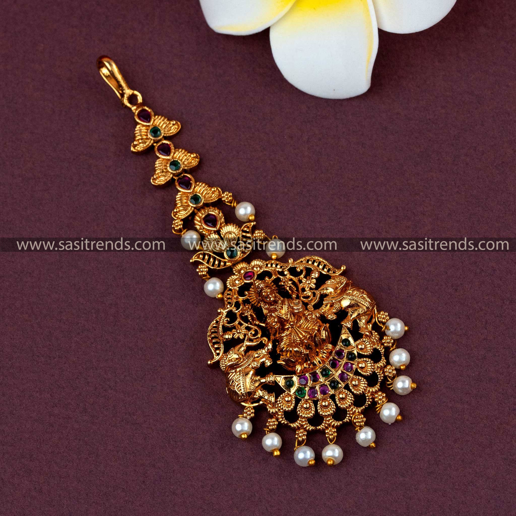 Lakshmi & Elephant Motif AD Maang Tikka: Temple Gold Plated Elegance with Stones