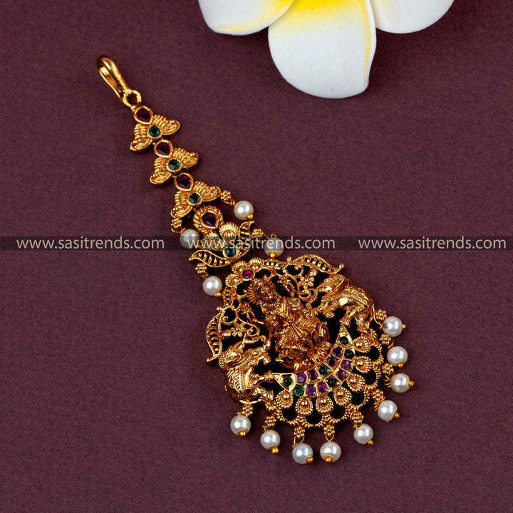 Lakshmi and Elephant Motif AD Maang Tikka: Timeless Temple Matte Gold Plated | Sasitrends