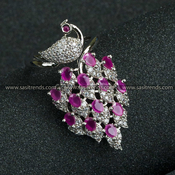 New Bridal: Rhodium Peacock Ring with American Diamonds - Adjustable Finger Ring for Women in Elegant Ruby Hues"