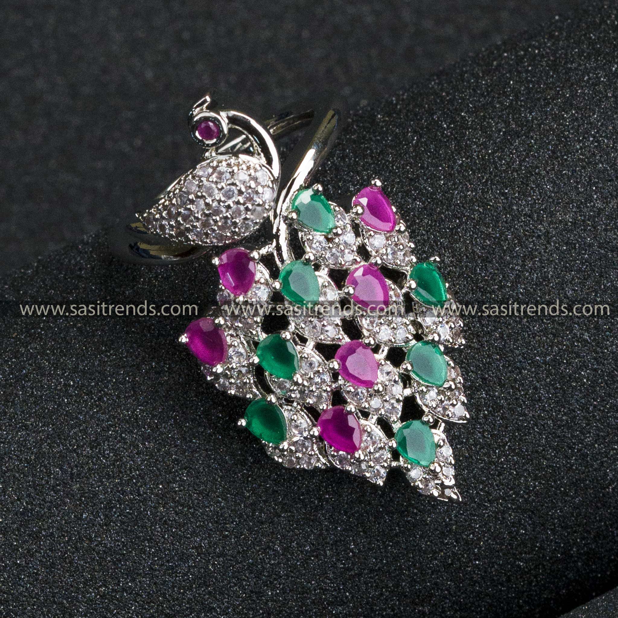 New Bridal: Rhodium Peacock Ring with American Diamonds - Adjustable Finger Ring for Women in Striking Ruby-Green Fusion