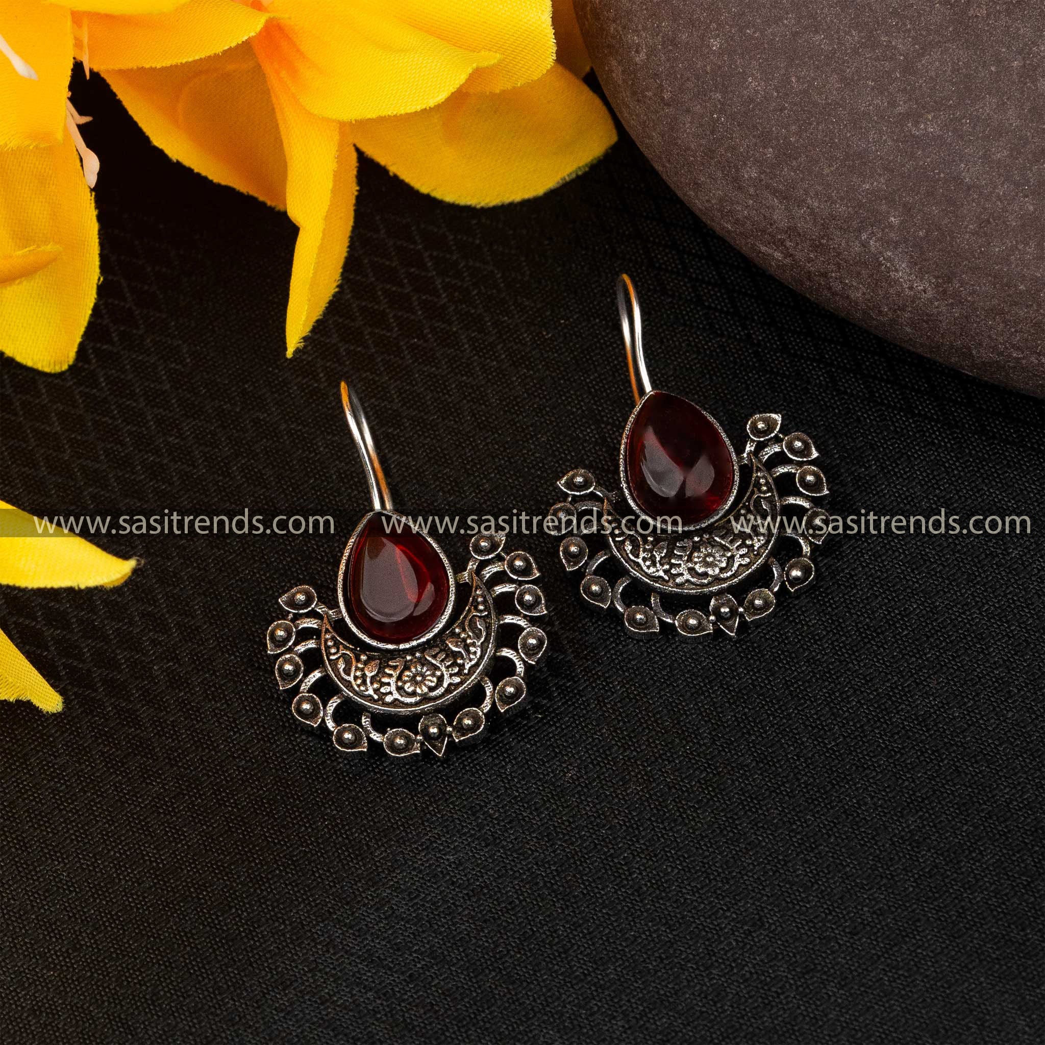 Oxidized silver earrings with burgundy stone drops on fish hooks