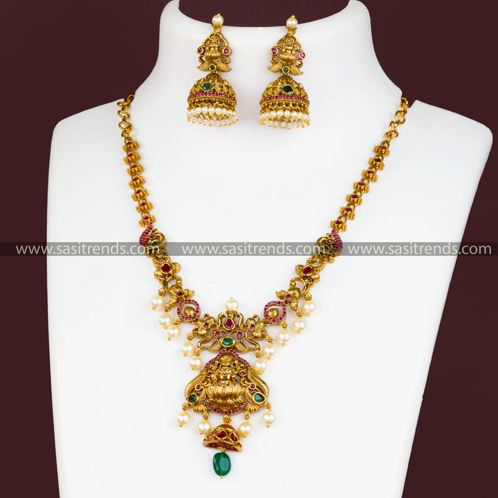 Exquisite Temple Matte Gold Plated Lakshmi Designer Jewellery Set | Sasitrends