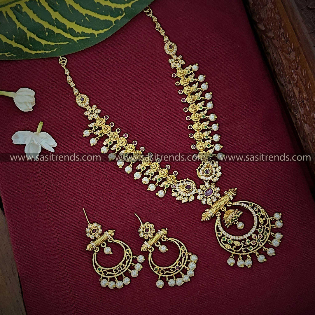 Bridal Lakshmi Coin Chandbali Pendant Necklace with AD Stones - Traditional Gold Plated Jewelry for Women