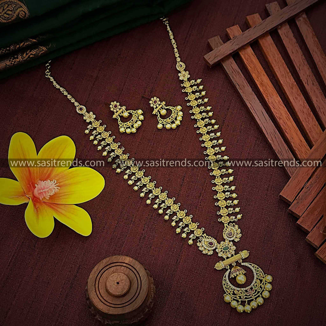 Bridal Lakshmi Coin & Chandbali Pendant Haram Necklace Set with AD Stones