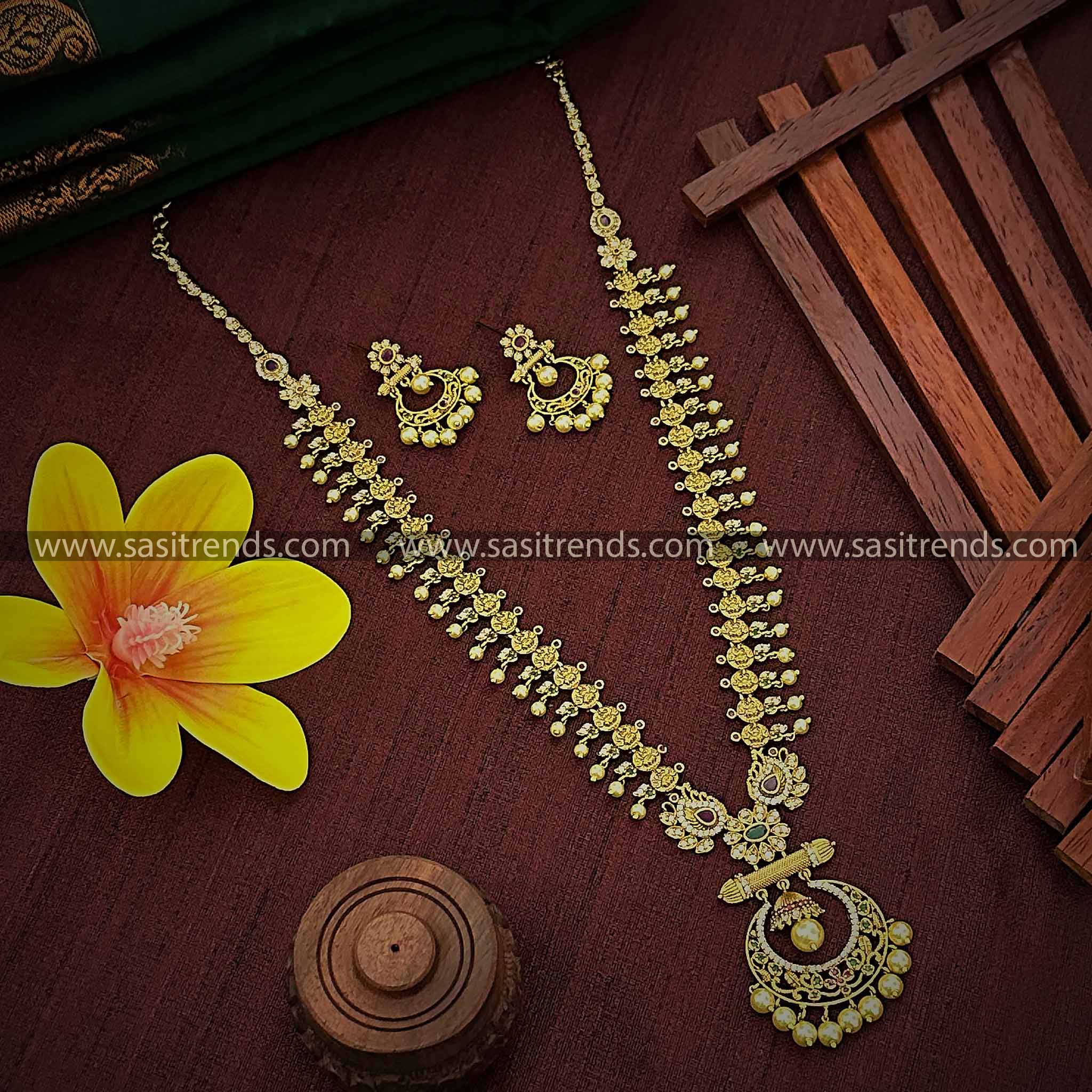 Bridal Lakshmi Coin & Chandbali Pendant Haram Necklace Set with AD Stones