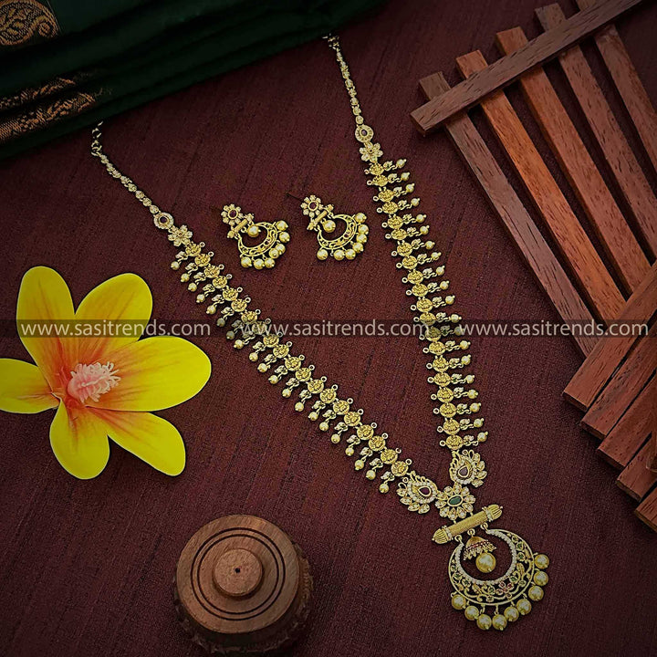 Divine Elegance: Bridal Lakshmi Coin & Chandbali Pendant Temple Matte Gold Plated Long Haram Jewellery Set