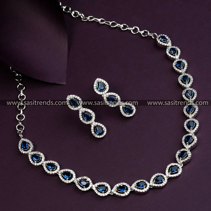 Elevate Your Look with Rhodium Silver Plated Necklace Featuring Beautiful Blue Stones and AD Stones