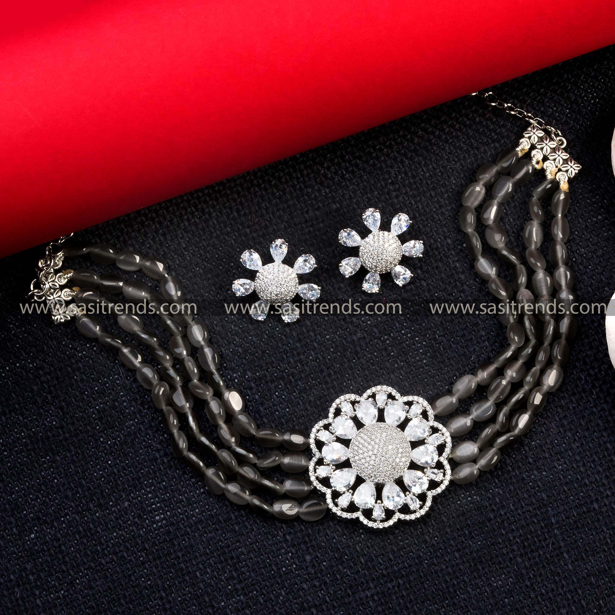 Captivating White Stone Choker Necklace Set with Rhodium Silver Plated Floral Pendant and American Diamond Stones – Ideal for Special Occasions