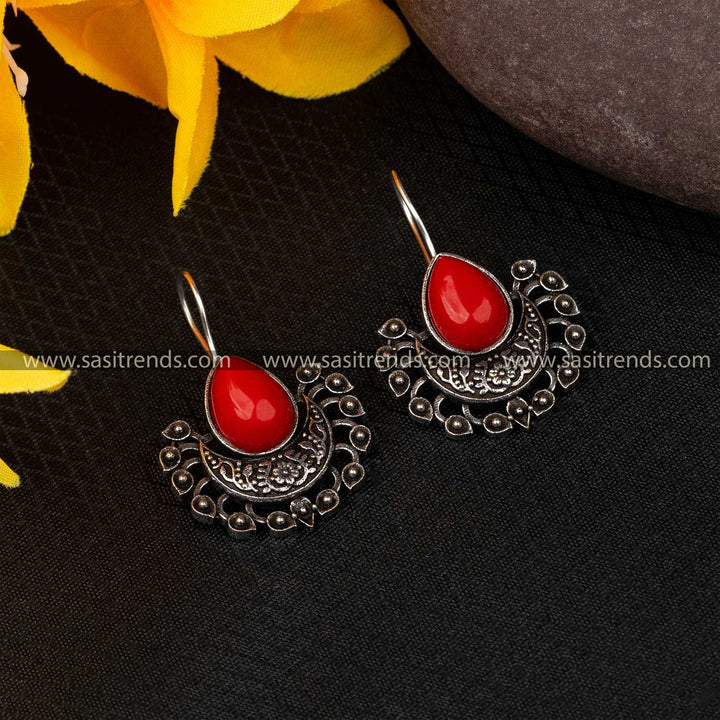 Crimson red stone fish hook earrings set in bohemian oxidized silver