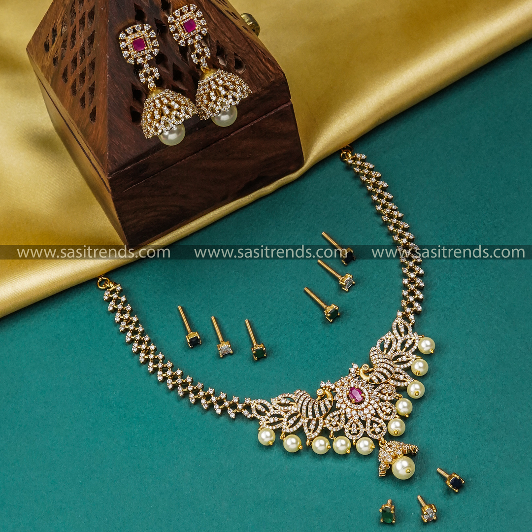 Exquisite Peacock Interchangeable Necklace Set with American Diamond and Pearl Drops