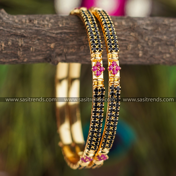 Latest One Gram Micro Gold Plated Traditional Black Para Stones Bangles Pair - Sasitrends