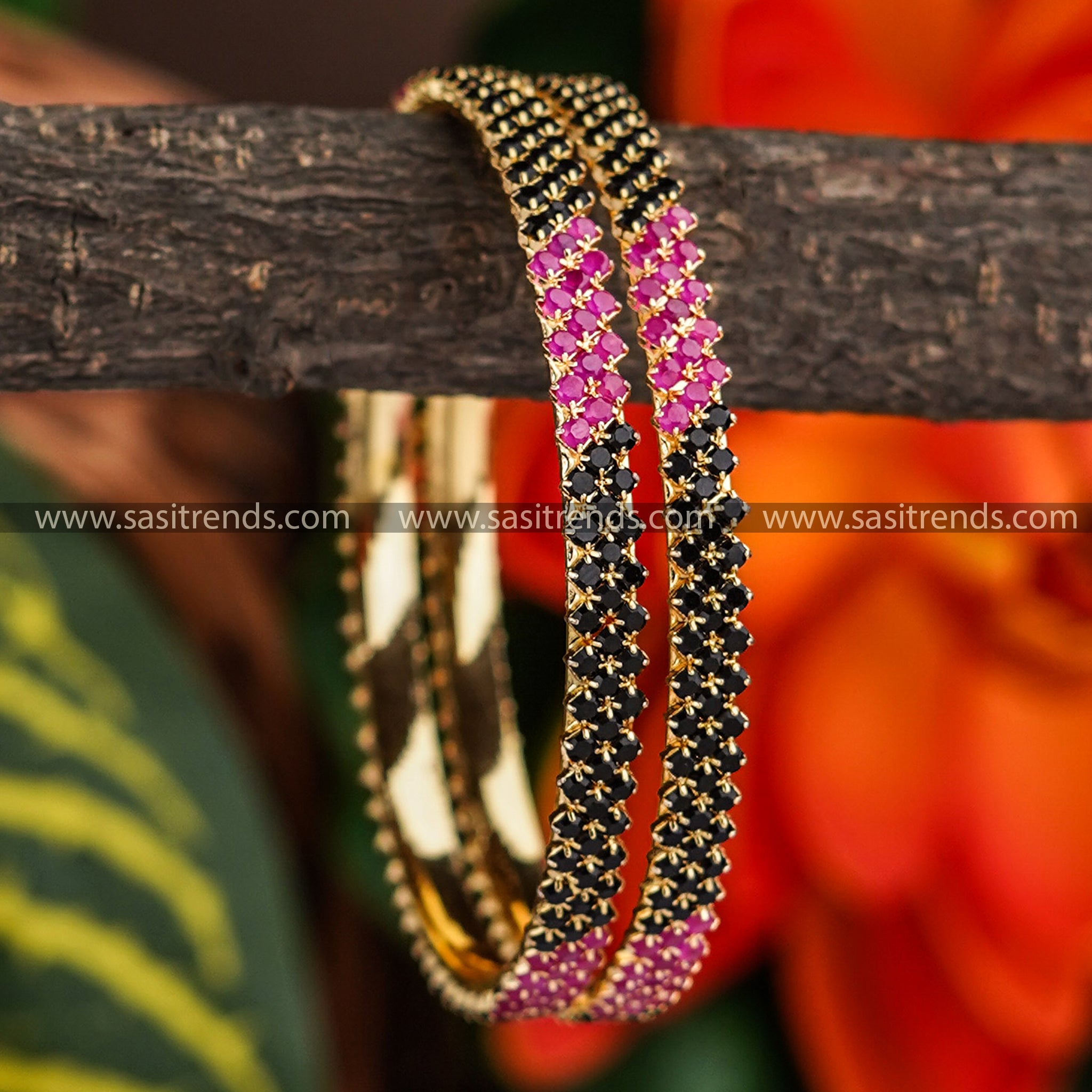 Latest One gram micro gold plated bangle pair with American Diamond stones, crossed lines design, for online shopping