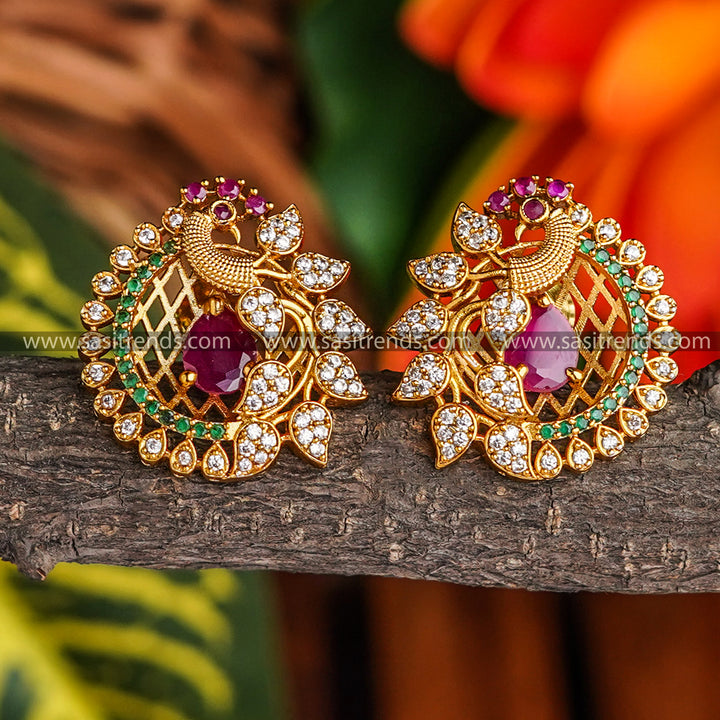 Feathered Elegance Peacock Stud Earrings-Temple Matte Gold Plated AD Earrings | Sasitrends