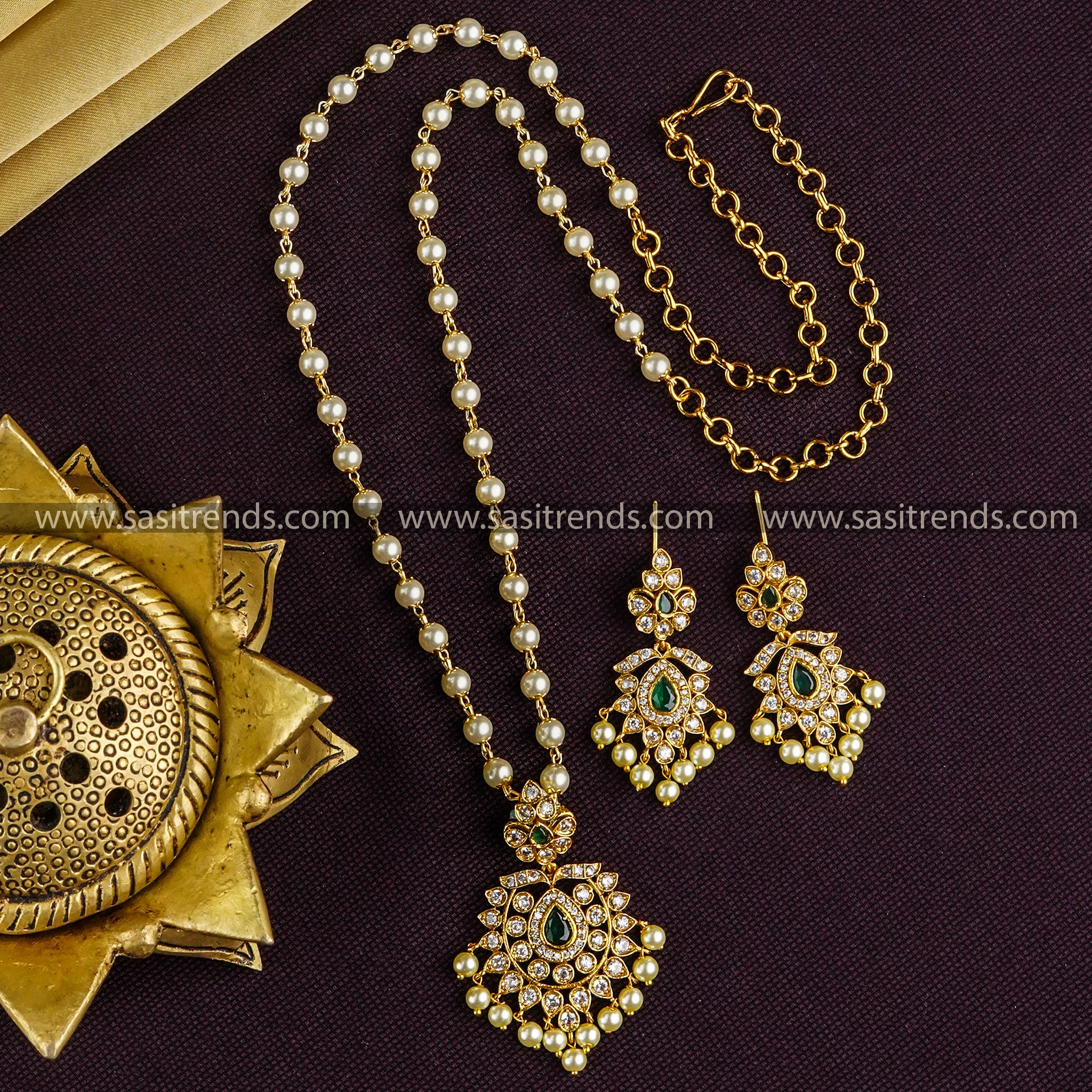 Temple Gold Tone Traditional Pendant Pearl Mala Necklace Set with Matching Earrings - Elegant Jewelry