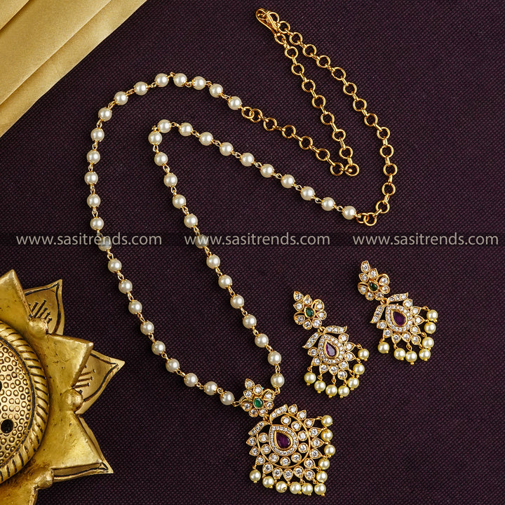 Temple Matte Gold Plated Tilk Stone Pendant Pearl Mala Jewellery Set Sud With American Diamond Stones | Sasitrends