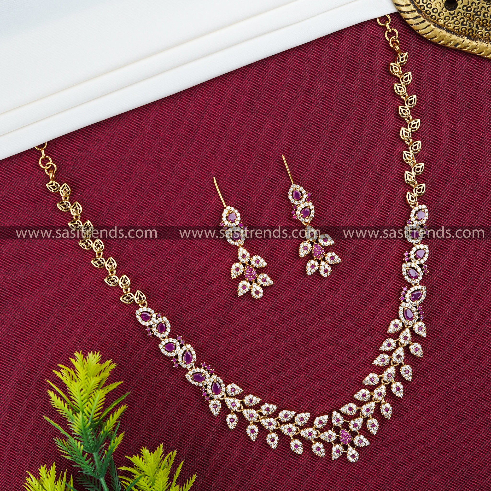 Leaf Motif Necklace Set in White-Ruby | Floral Tilak Design and American Diamond Stones