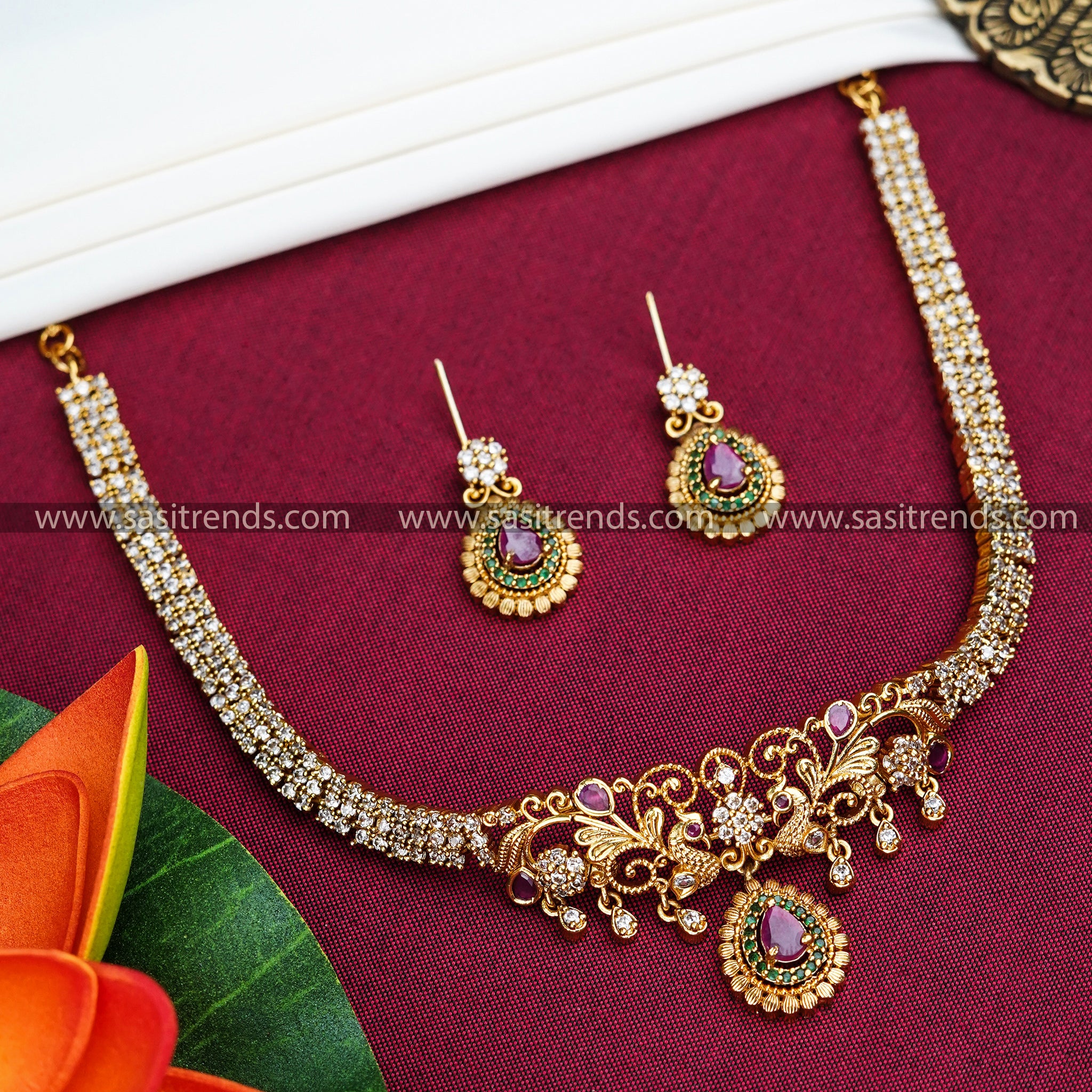 Temple Gold Tone AD Peacock Floral Choker Necklace Set - Perfect for Traditional Occasions