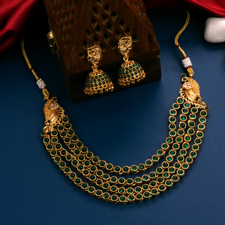 Classic Matt Gold ElegantPeacock Temple Wear Jewellery Set with Jhumka Earrings - Sasitrends