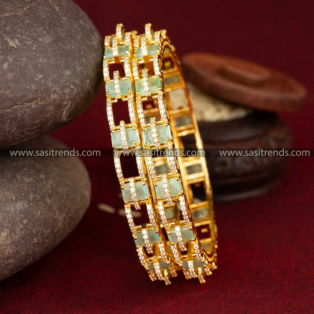 Sasitrends | Regal Gold-Plated American Diamond Bangles with Geometric Design - Sasitrends