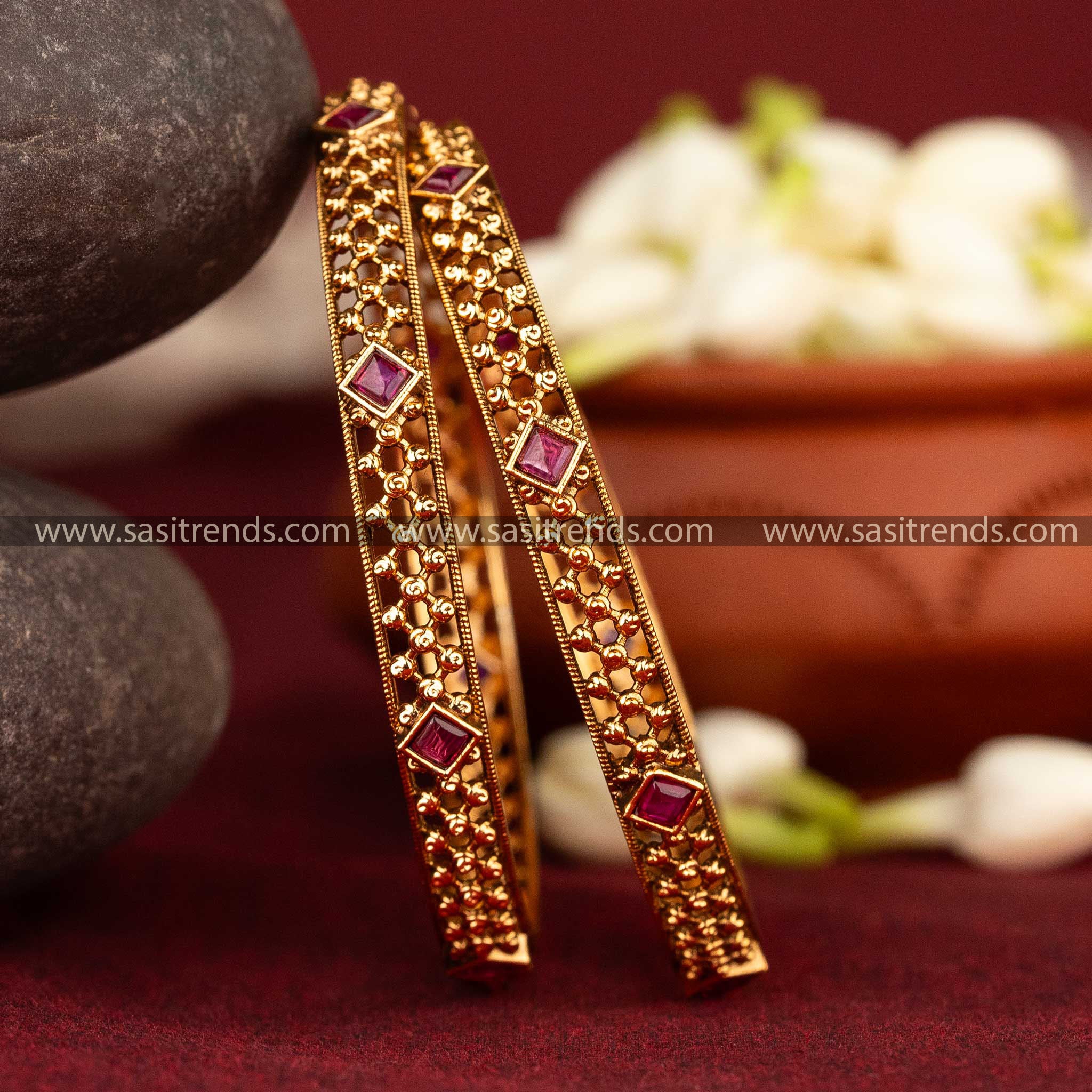  Ruby antique matte gold bangles with detailed beadwork and Kemp stones