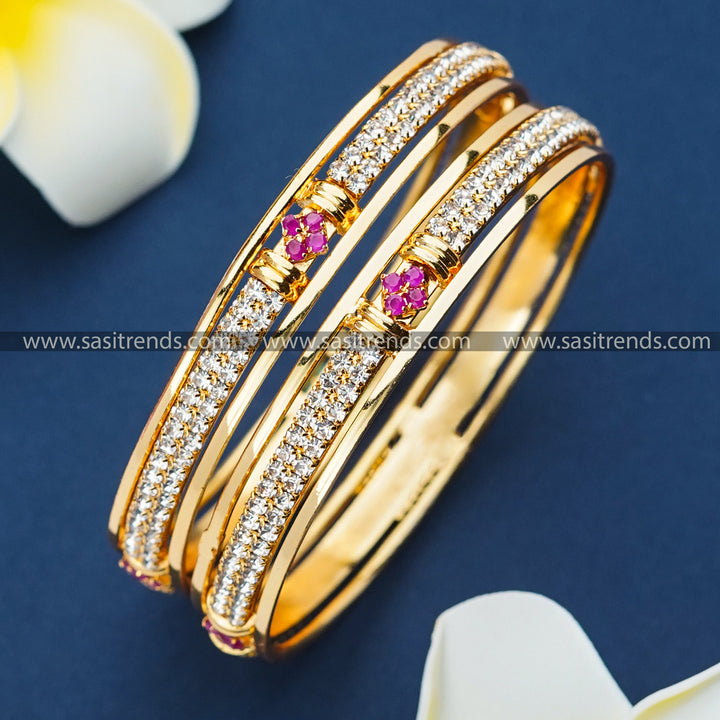 Trendy Micro Gold Plated Floral Bangles with Sparkling Para Stones for Women - Sasitrends