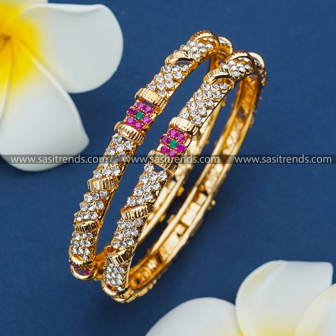 Micro Gold Plated Floral Bangles - American Diamond Stones - Traditional Elegance