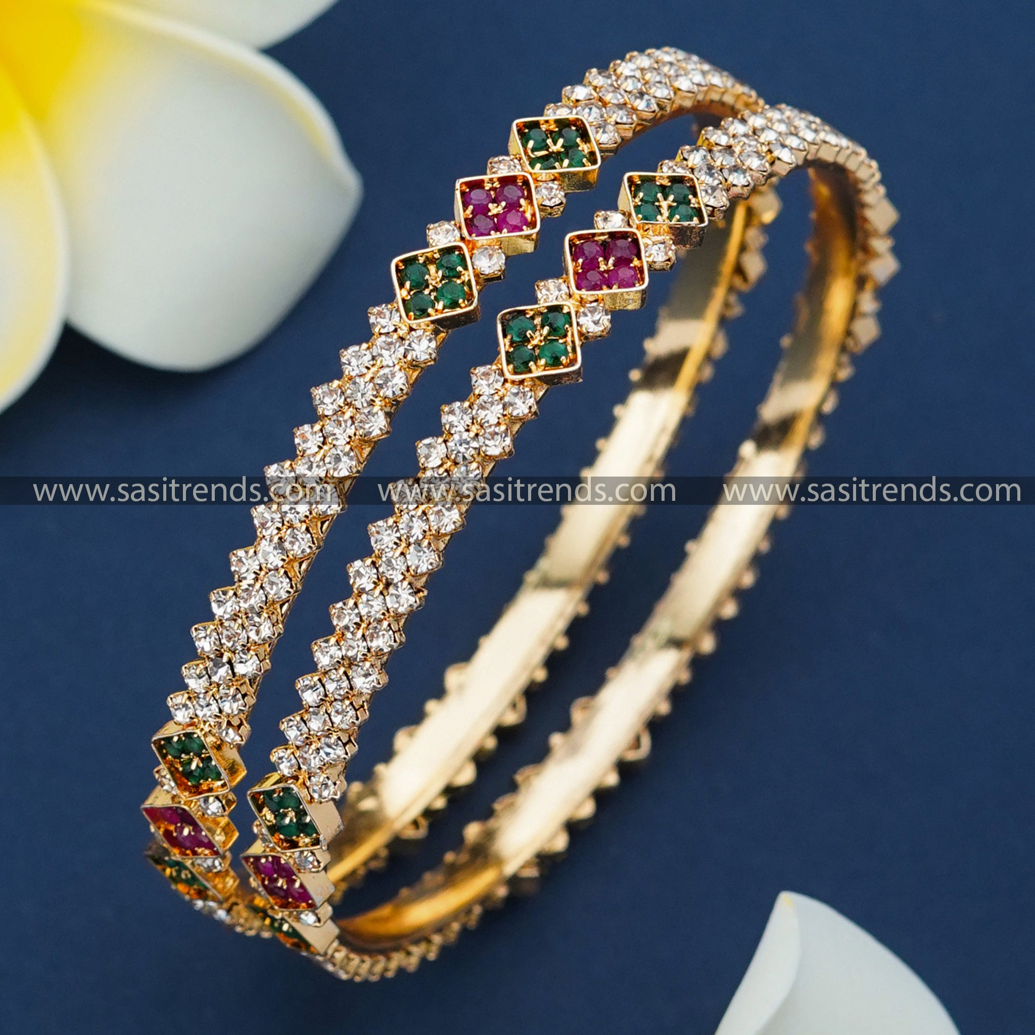 Micro Gold Plated Floral Bangles with American Diamond Stones for Women - Online Shopping