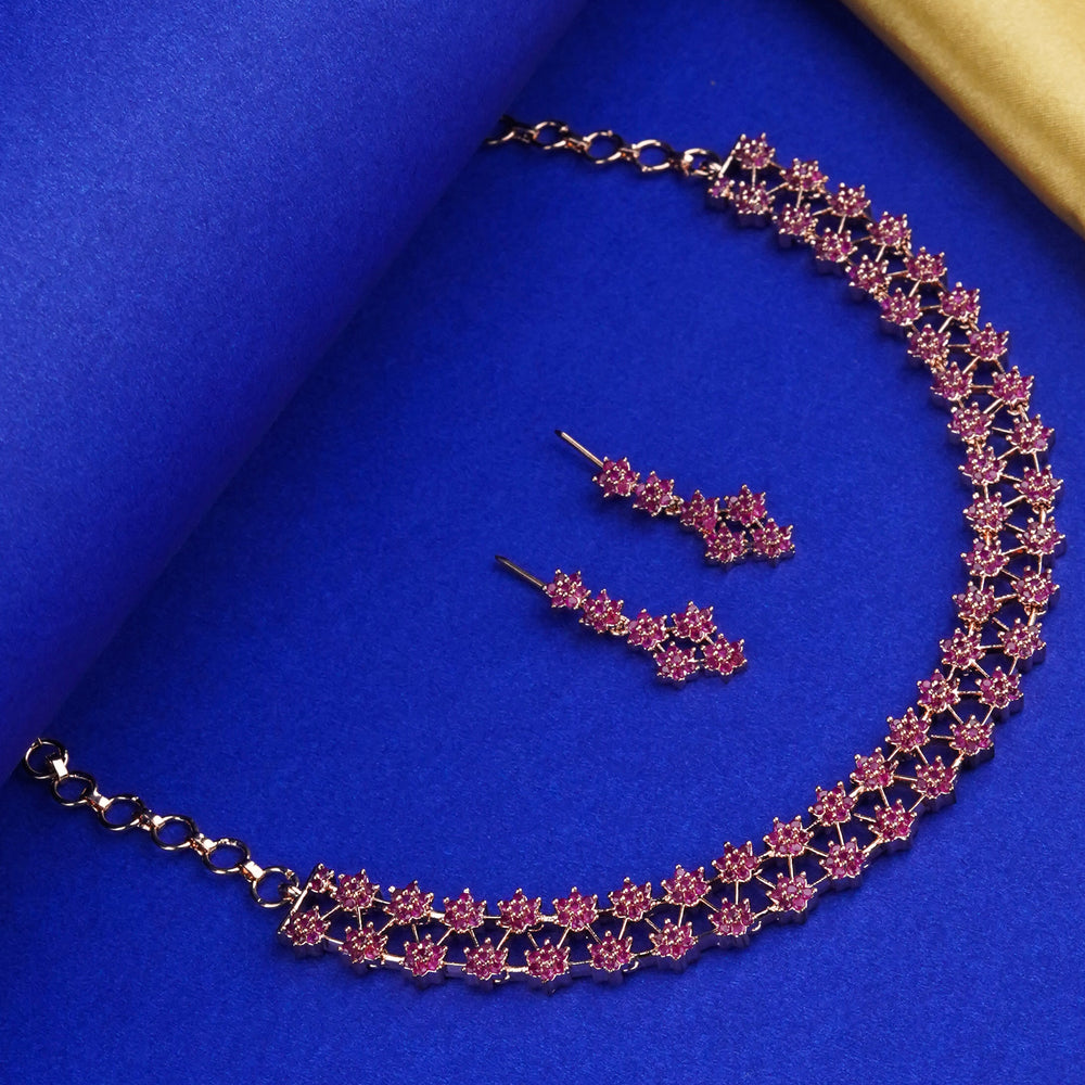 Radiant Star Pattern Two-Line Necklace Set with Dazzling Earrings - Rhodium Rose Gold Plated, Full Ruby Color