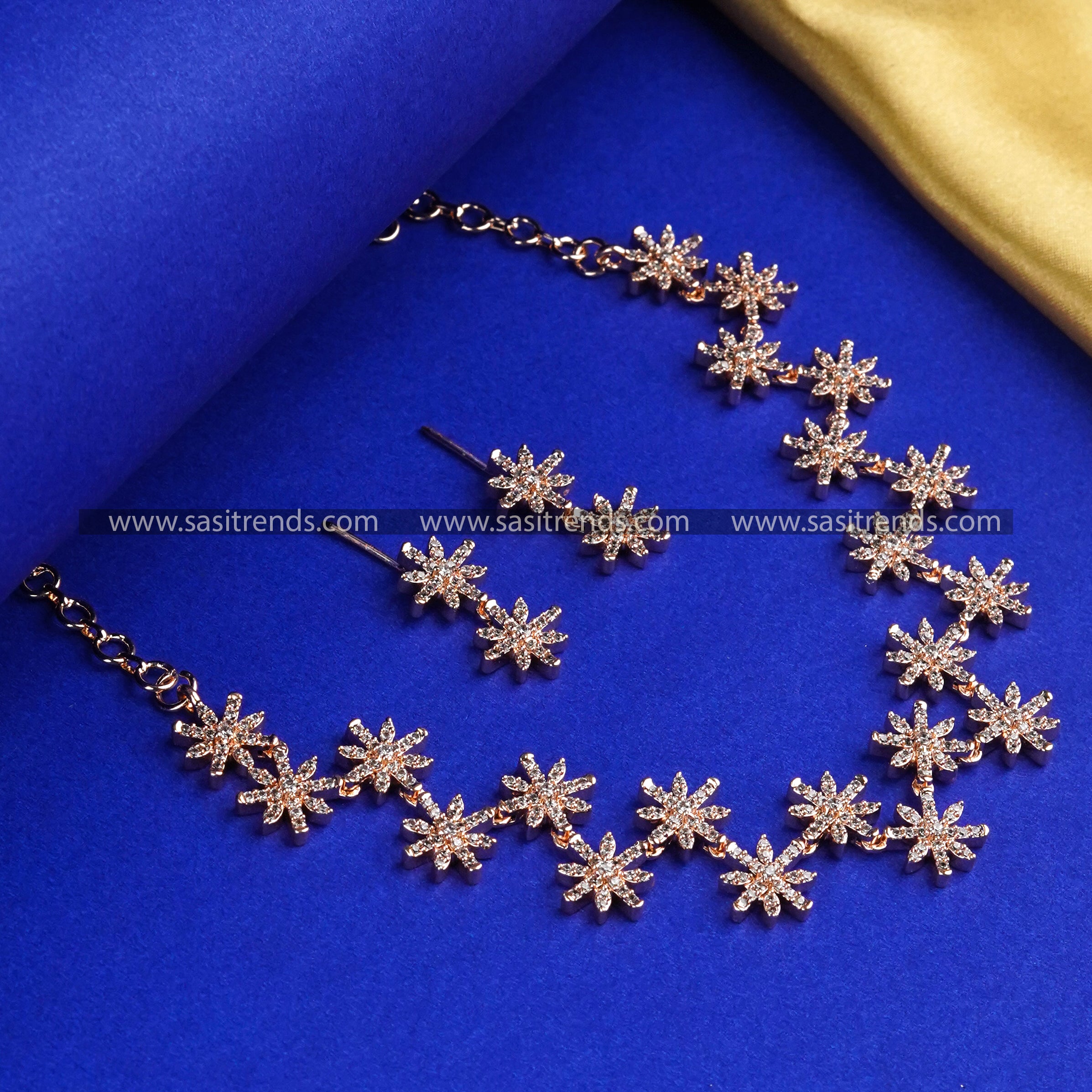 Romantic Rose Gold: Enchanting Star Floral CZ Necklace Set with Matching Earrings