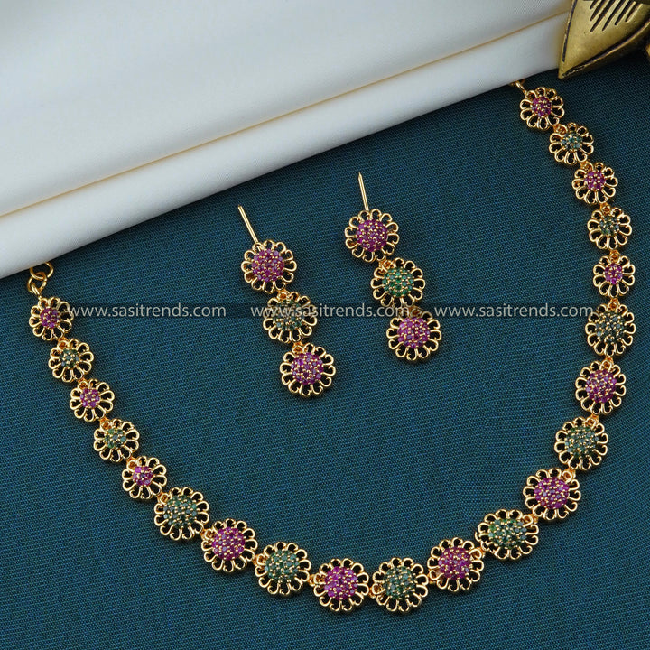 Floral Design Micro Gold Plated Necklace Set with American Diamond Stones - Sasitrends