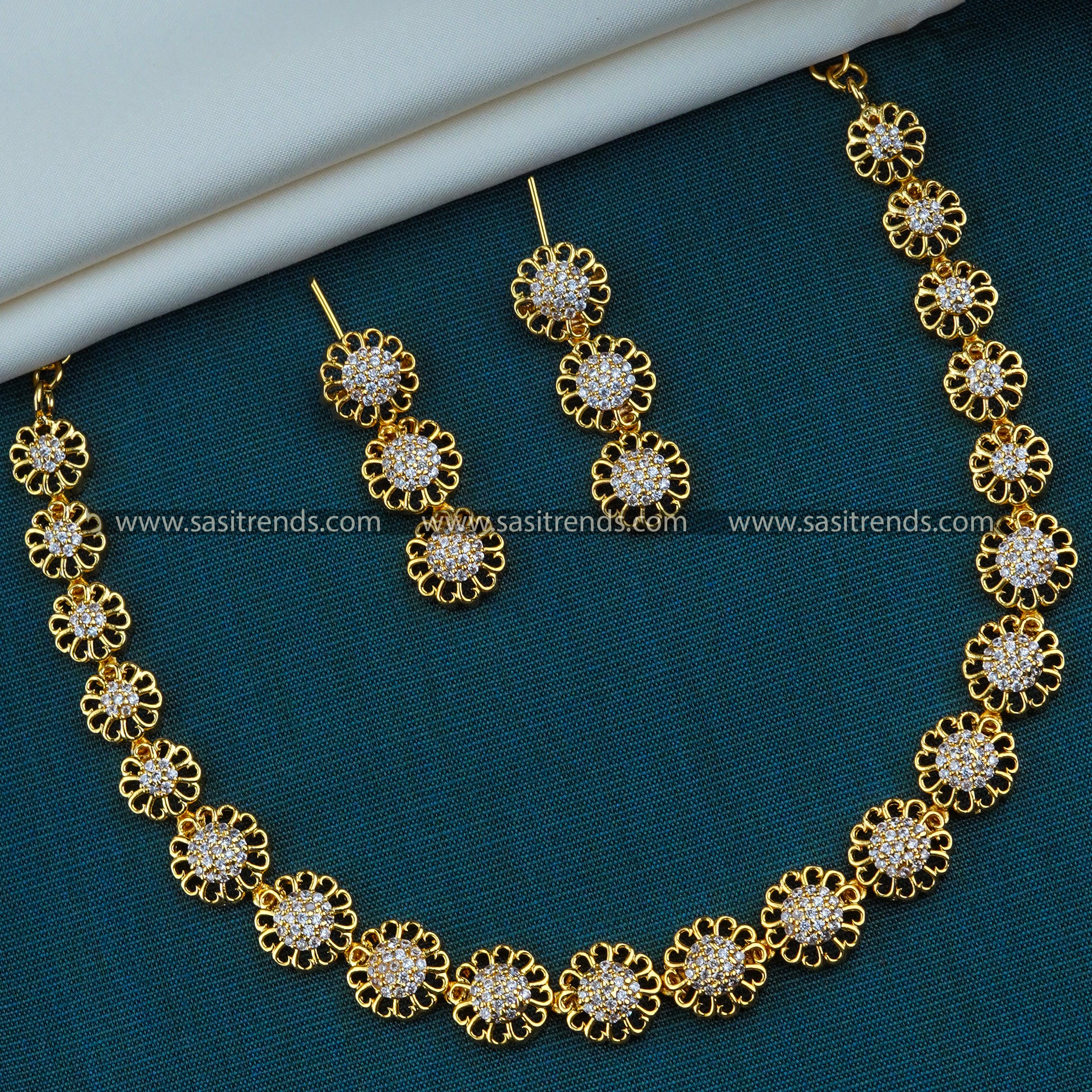 Floral Design Micro Gold Plated Necklace Set with American Diamond Stones - Sasitrends